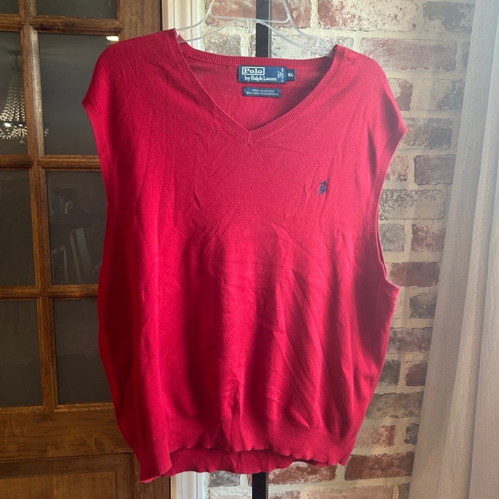 Polo Ralph Lauren Sweater Vest Men Red V-Neck Pima Cotton Pony Logo Old Money XL